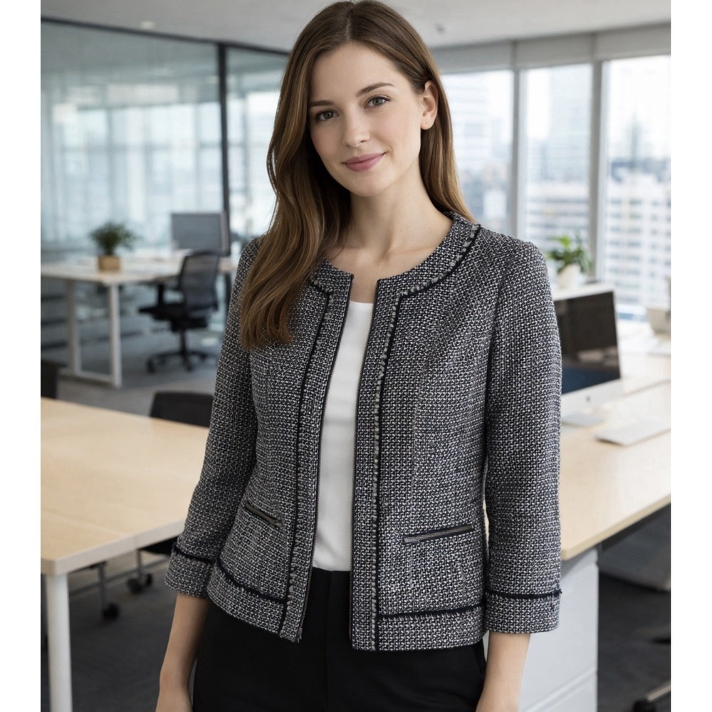 Sejour Tweed Blazer Jacket Sz 14 Zip Front Career Office Business Black White XL